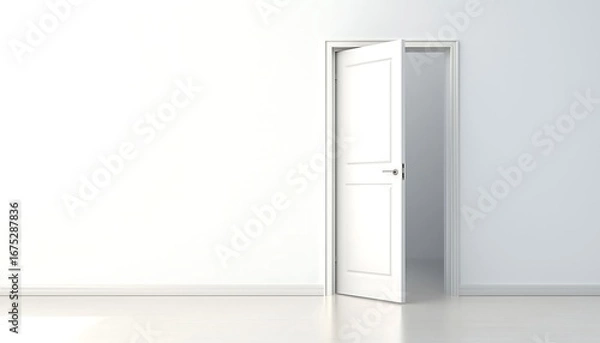 Obraz White half-open door and white wall with copy space leading to luminous unknown place 