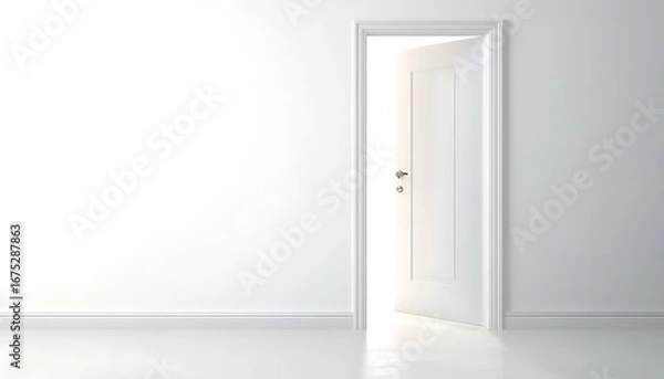 Obraz White half-open door and white wall with copy space leading to luminous unknown place 