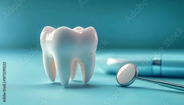 Obraz A white tooth model with a dental mirror on a blue background. 
