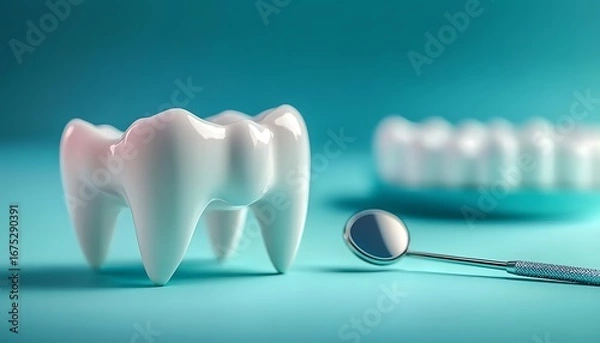 Obraz A white tooth model with a dental mirror on a blue background. 
