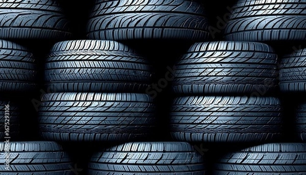 Obraz Stacks of car tires on storage rack in rows. Auto service workshop, shop retail storehouse. Winter tire sale
