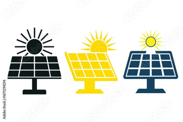 Obraz Solar Panel with Sun Rays Icon Silhouette – Renewable Energy Concept Symbol