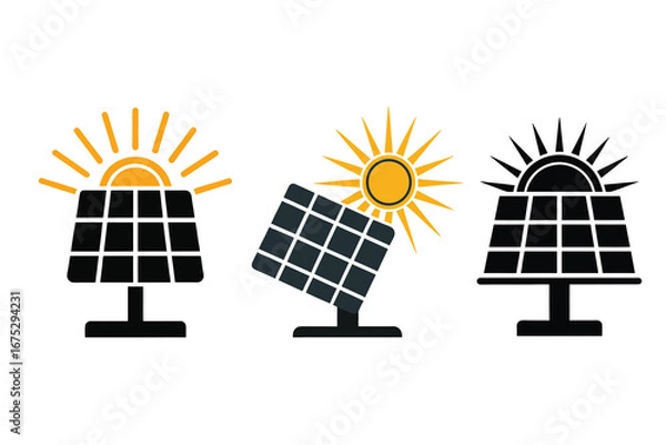 Obraz Solar Panel with Sun Rays Icon Silhouette – Renewable Energy Concept Symbol