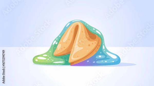 Fototapeta Whimsical and gooey slime fortune cookie in a vibrant, minimalist flat art style.