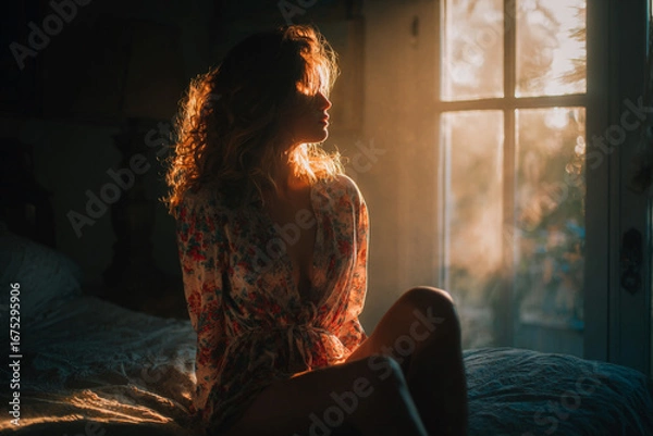 Fototapeta Calm female model enjoying natural morning light while sitting on a bed, ideal for home, comfort, and mindfulness projects.