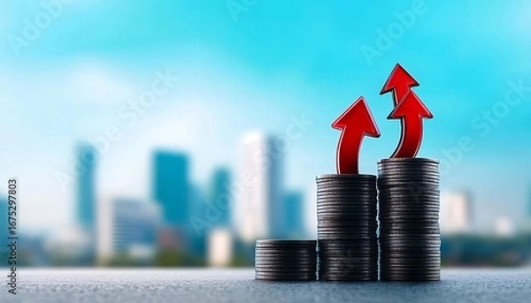 Obraz Economic growth concept with stacks of coins red arrows on cityscape background