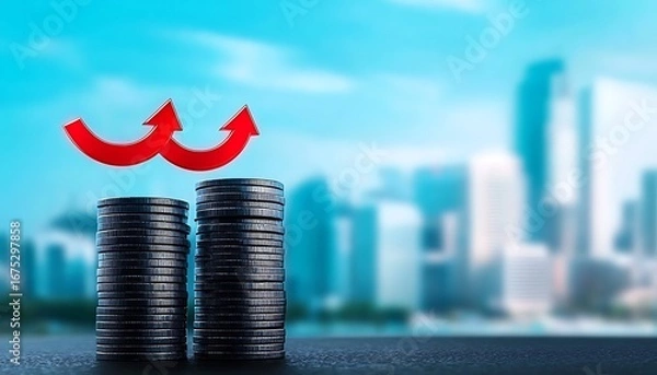 Obraz Economic growth concept with stacks of coins red arrows on cityscape background