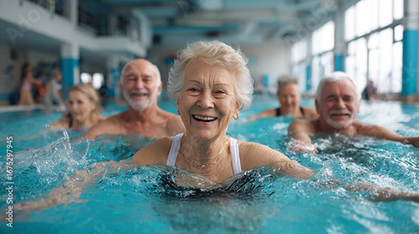 Obraz Group of seniors participating in water aerobics class, indoor pool, active lifestyle.