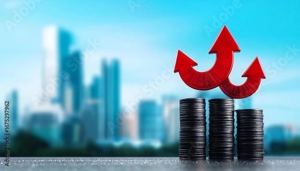Obraz Economic growth concept with stacks of coins red arrows on cityscape background