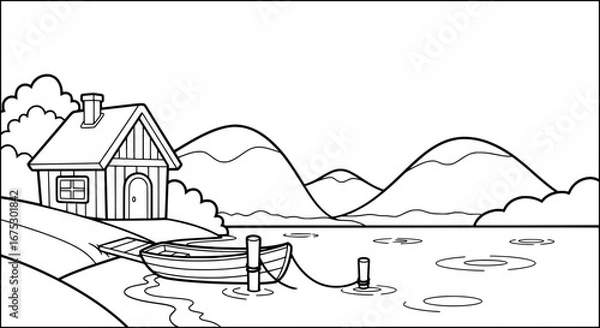 Fototapeta Lake house with mountains and boat with transparent background