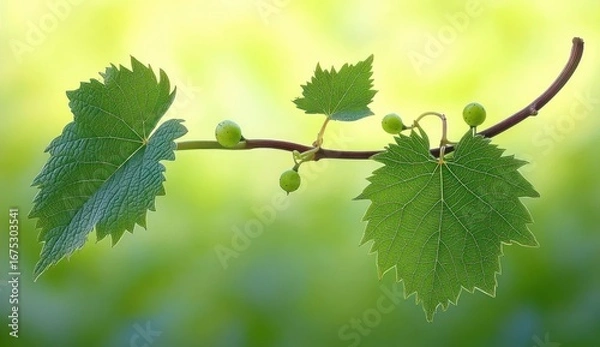 Obraz Close-up of a grapevine twig with large green leaves and small immature grapes against a soft green blurred background, evoking freshness and natural growth