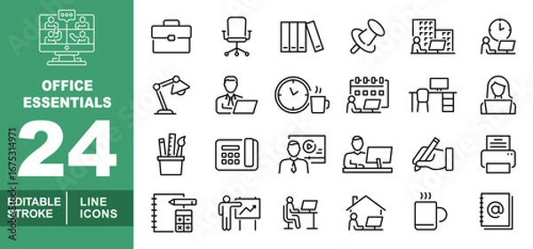 Fototapeta Office line icon set. Exclusive office line icon collection. Containing briefcase, chair, binder, pin, workplace, overtime, lamp, worker, clock, schedule. Editable stroke