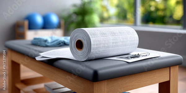 Fototapeta Examination Table With Paper Roll And Clipboard In Doctor's Office