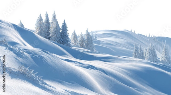 Obraz A snowy hillside with trees and a white background