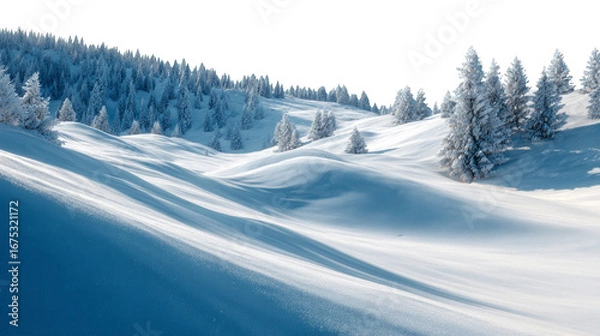 Obraz A snowy hillside with trees and a white background