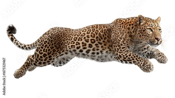 Fototapeta A leopard is running across a white background