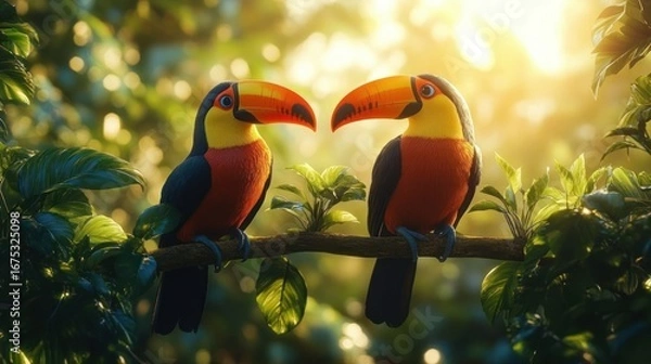 Fototapeta Two colorful toucans perched on a branch surrounded by green leaves in a sunlit forest, creating a peaceful and natural atmosphere