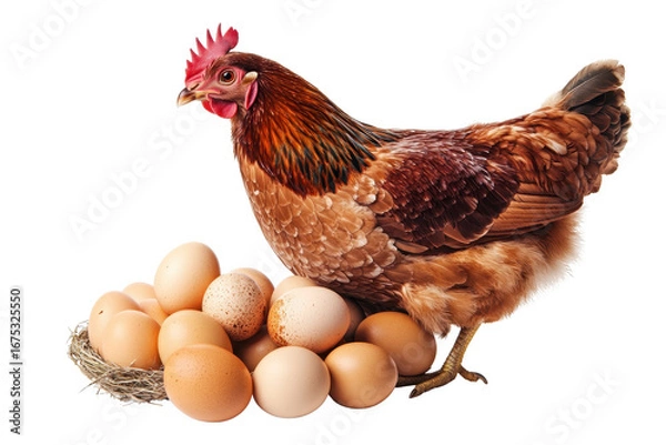 Fototapeta Hen standing proudly beside freshly laid eggs on a white background, showcasing nature's bounty and agricultural life in a serene setting