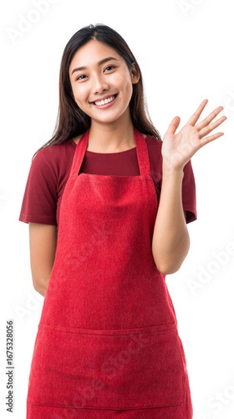 Fototapeta A woman in a red apron is smiling and waving