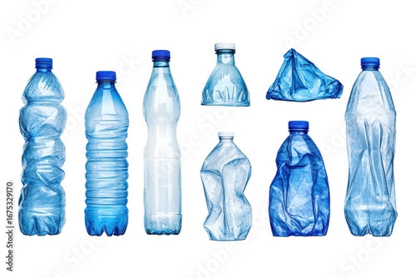 Fototapeta Various types of plastic water bottles showcasing different shapes and appearances on a white background