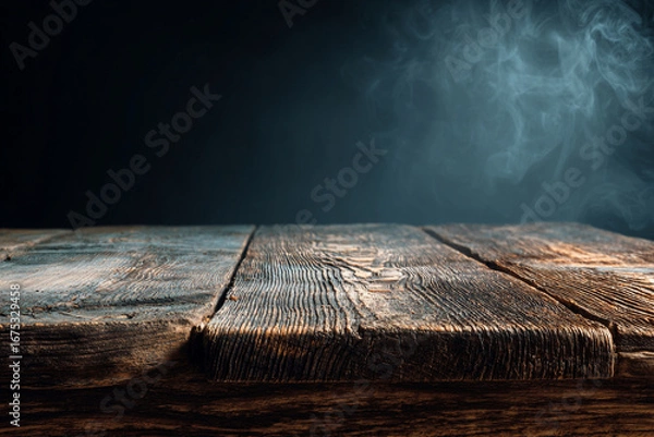Fototapeta Realistic image of a rustic wooden table against a moody, smoky backdrop, perfect for product presentations and food photography.