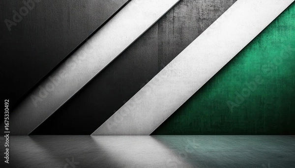 Fototapeta Abstract geometric interior with diagonal black, white, and green textured panels casting shadows on polished reflective floor evoking modern minimalism
