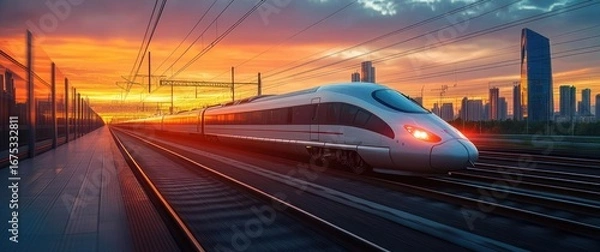 Fototapeta Modern high-speed train traveling on railway tracks during vibrant sunset with city skyline in the background