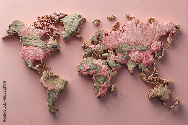 Fototapeta Minimalist global map design on a soft pink backdrop, ideal for travel, education, or creative projects.