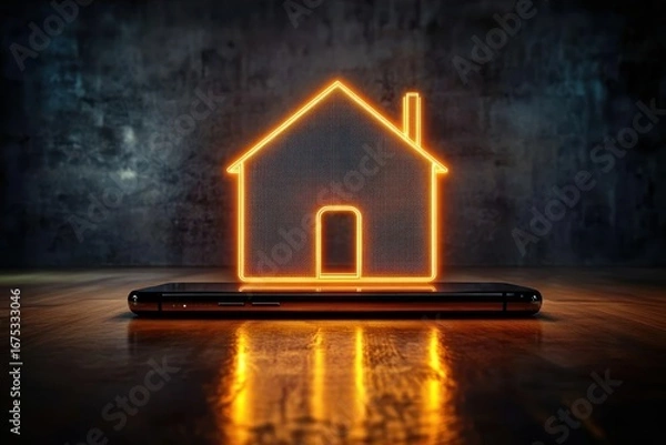 Fototapeta Glowing neon house icon emerging from smartphone screen on wooden surface with dark textured background
