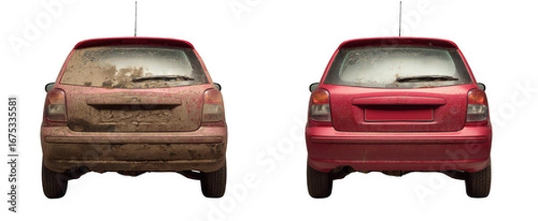 Fototapeta The back of a dirty red car is shown in two different pictures