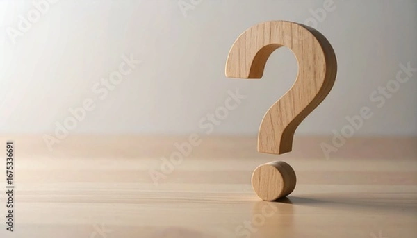 Obraz Wooden question marks scattered on textured surface with warm lighting.