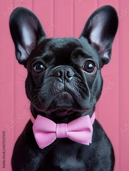 Fototapeta portrait of a black french bulldog wearing a pink bow tie against a pink wooden background showing a calm and attentive expression
