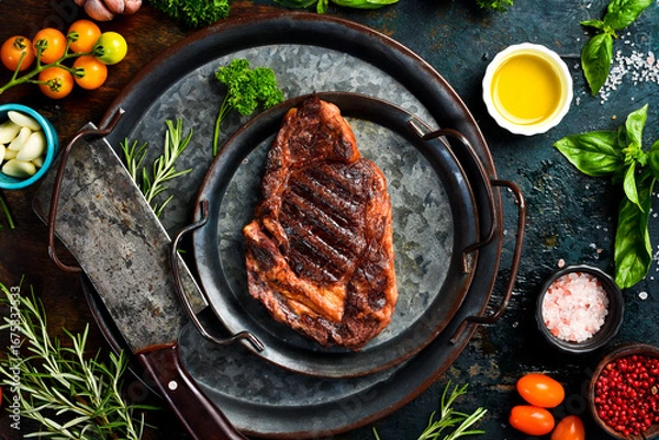 Fototapeta Beef steak. Grilled Ribeye steak with rosemary and spices on a metal plate. Top view.