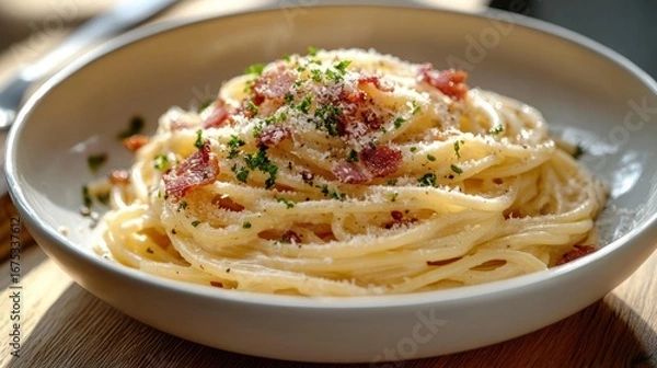 Fototapeta Close-up of a bowl with creamy spaghetti pasta garnished with crispy bacon bits, grated cheese, and chopped parsley on a wooden table