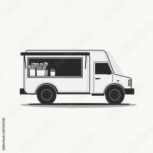 Fototapeta Minimalist black and white illustration of a food truck with serving window and utensils inside