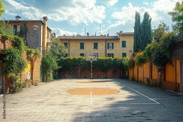 Fototapeta Empty outdoor basketball court surrounded by old buildings and lush green vines under a bright partly cloudy sky