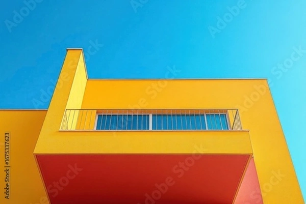 Fototapeta Modern architectural building featuring a bright yellow exterior with a balcony and metal railing under a clear blue sky
