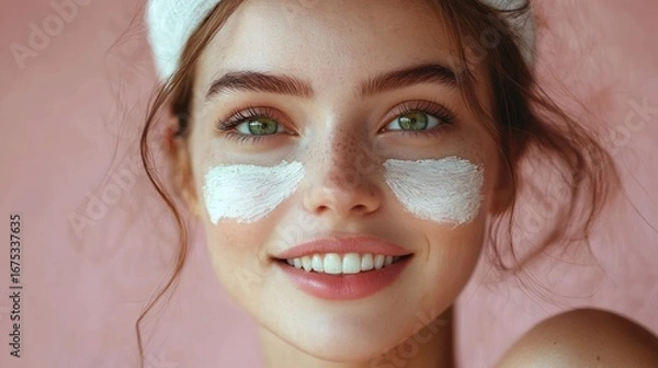 Fototapeta Close-up portrait of a young woman with green eyes smiling softly, white cream applied under her eyes on smooth skin against a soft pink background