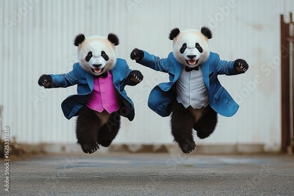 Fototapeta Two pandas wearing blue jackets, bow ties, and formal vests joyfully jumping in the air on a street
