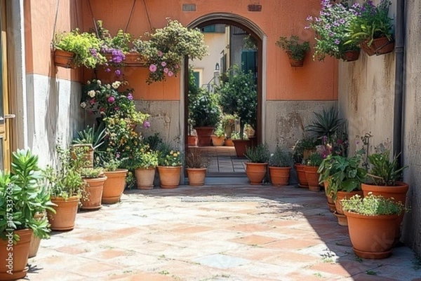 Fototapeta Bright sunlit courtyard with terracotta pots filled with diverse green plants and colorful flowers surrounding an arched doorway leading to another lush garden area
