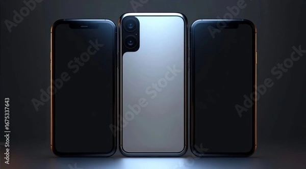 Fototapeta Three modern smartphones displayed against a dark background with one showing the back featuring dual cameras and the other two showing blank black screens conveying sleek technology
