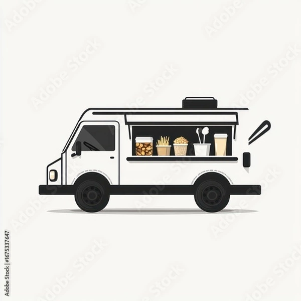 Fototapeta Side view of a white food truck with fries, popcorn, drinks, and utensils displayed on the counter