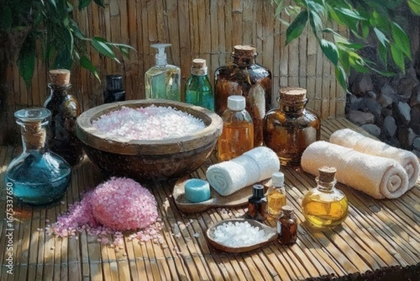 Fototapeta Rustic spa setup with bowls of pink sea salt, amber and clear bottles of essential oils, rolled white towels, and natural bamboo background in a tranquil outdoor setting