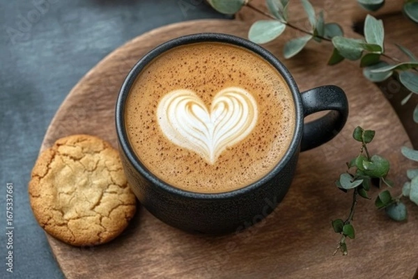 Fototapeta Creamy latte coffee with heart-shaped latte art served in a black mug on wooden tray with a cookie and greenery decoration, evoking warmth and comfort