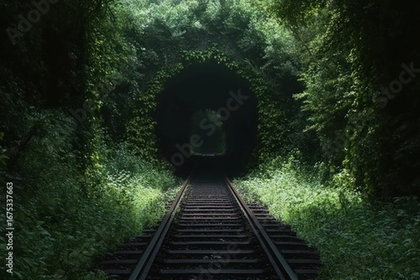 Fototapeta Railway tracks leading through a dark circular tunnel surrounded by dense green foliage, evoking a sense of mystery and adventure
