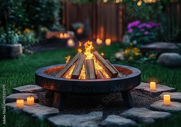 Fototapeta Cozy nighttime outdoor fire pit with burning logs surrounded by lit candles and stone pavers in a garden setting with soft glowing lights and flowers in the background