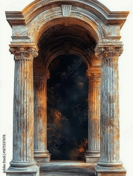 Fototapeta Ancient stone archway with ornate Corinthian columns and a dark mysterious passage beyond, illuminated by warm ambient light
