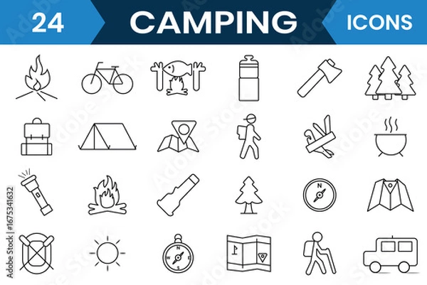 Fototapeta Camping icon set. Camping and Outdoor editable stroke outline icons vector set. Hiking, travel, nature, forest, campfire and more icon. Vector illustration.