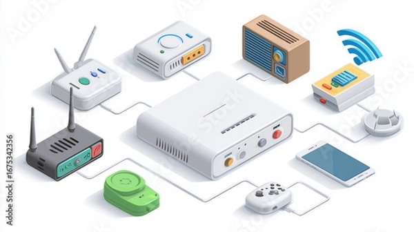 Fototapeta Wi-Fi router with connected devices, electrical communications , vector style