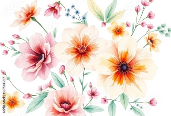 Fototapeta Delicate watercolor floral illustration, perfect for various design applications, wallpaper, greeting card
